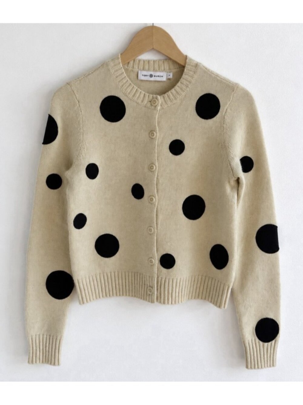 Tory Burch Polka Dot Appliqué Wool Alpaca Cardigan Sweater Beige Black S